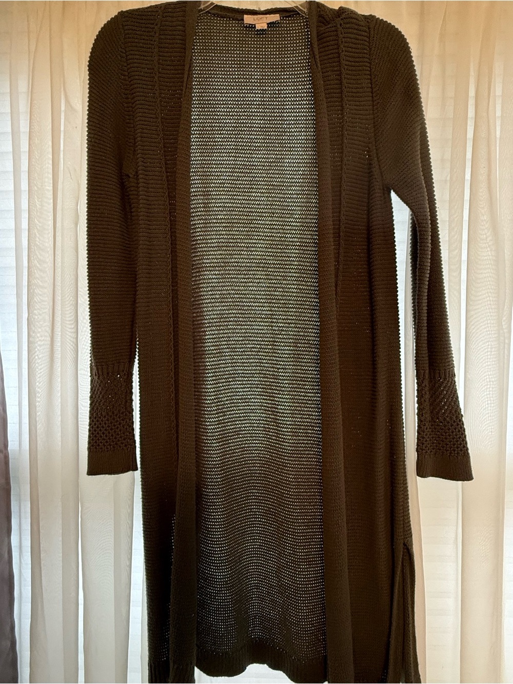 LOFT Long Open-Front Cardigan in Dark Olive Green